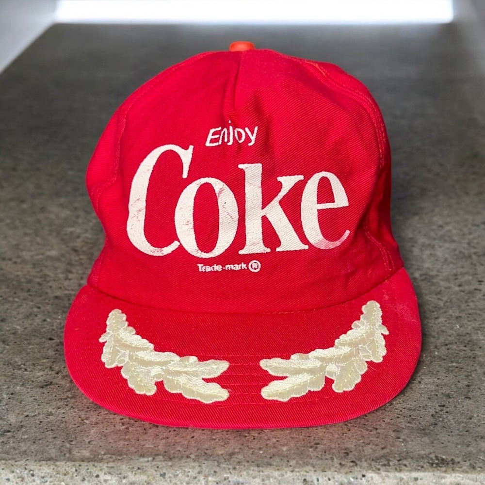 Vintage Coca-Cola Enjoy Coke Snapback Trucker Hat Gold Leaf USA Made Red